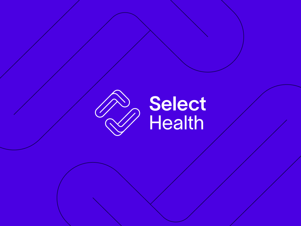 Select Health white logo and dark super graphic on a cobalt blue gradient background.
